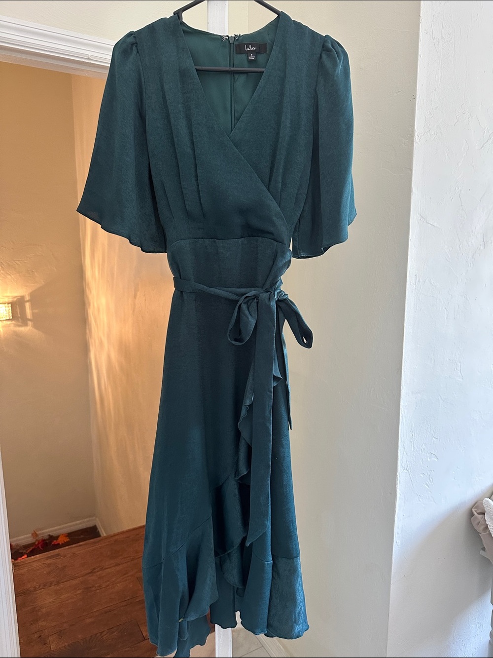 Lulu's Deep Teal Wrap Midi Dress with Ruffle Hem